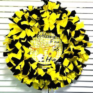 Hand Crafted Black & Yellow Fabric Rag Wreath, Welcome To Our Hive Wreath 18"